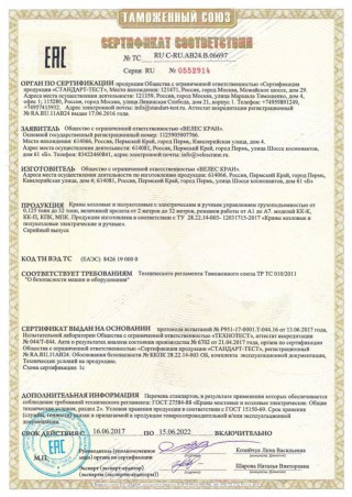 Сертификат на козловые краны